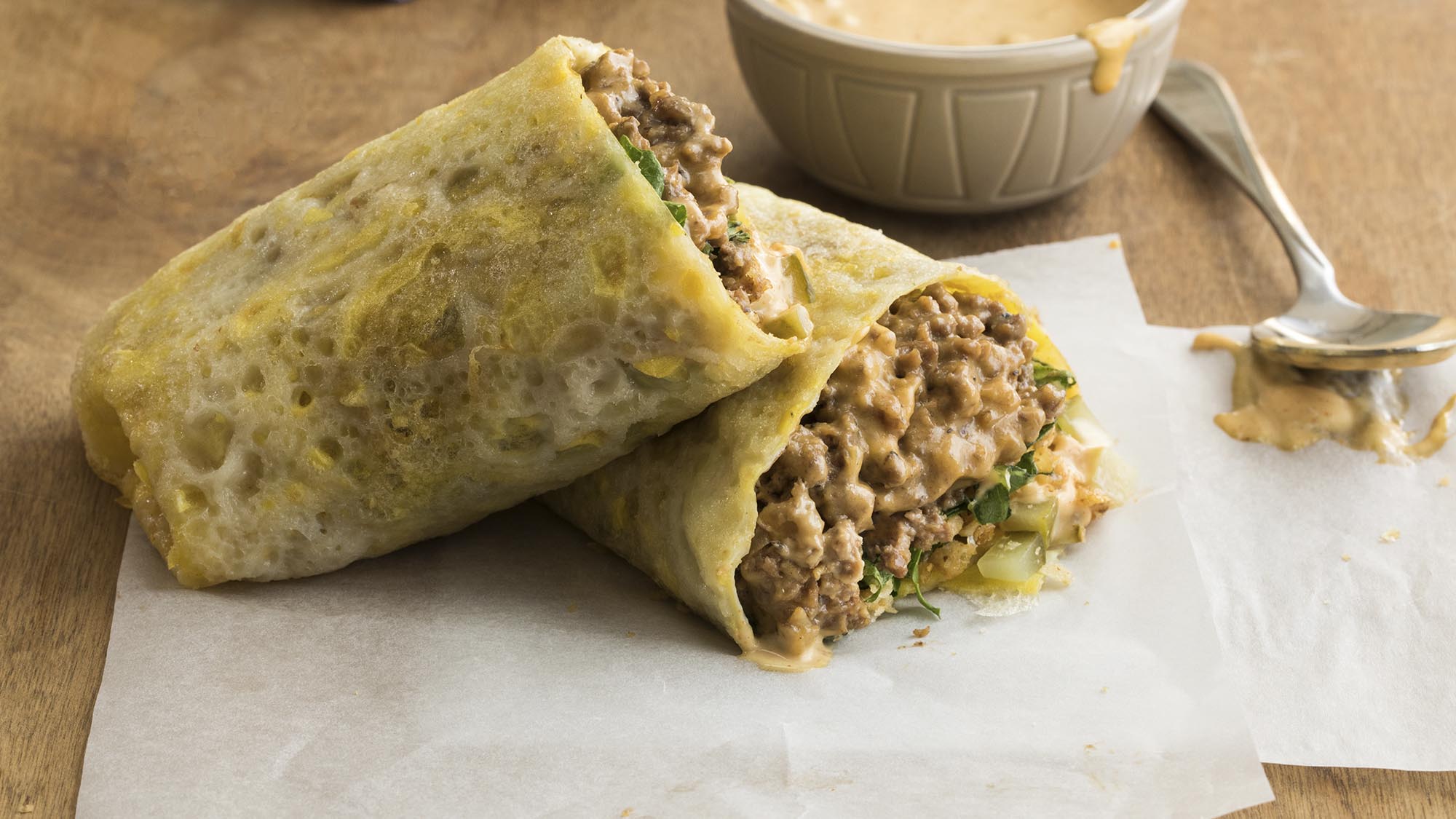 ASIAN EGG CREPES WITH NY STYLE CHOPPED CHEESE FILLING