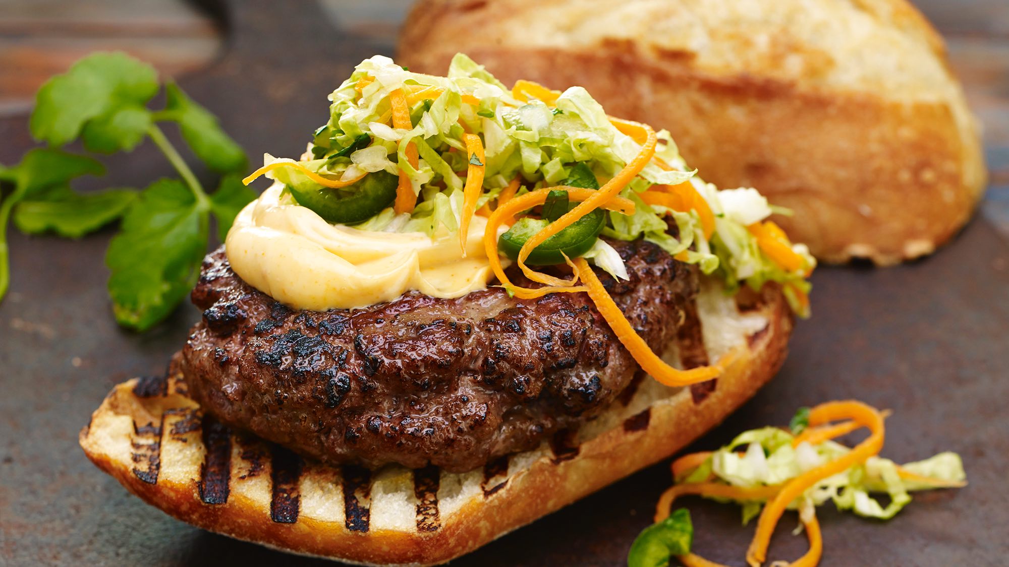 VIETNAMESE BANH MI BURGER WITH CHILI MAYO